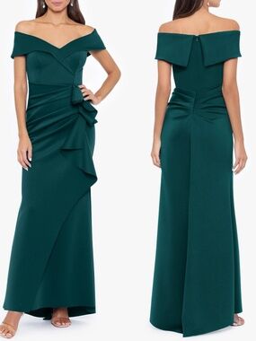 NEW XSCAPE Hunter Green OFF THE SHOULDER Ruffle RUCHED Stretch Crepe GOWN 8